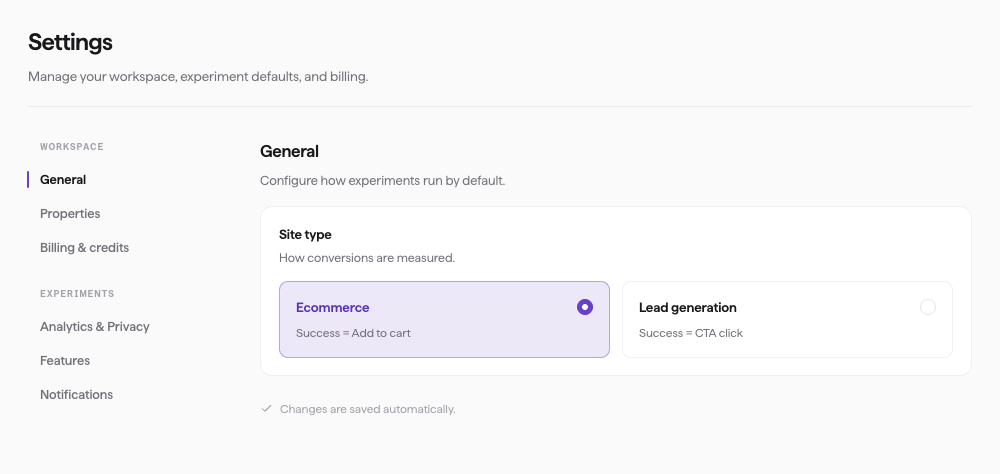 The Settings page, with its sections in a left rail and the General section open