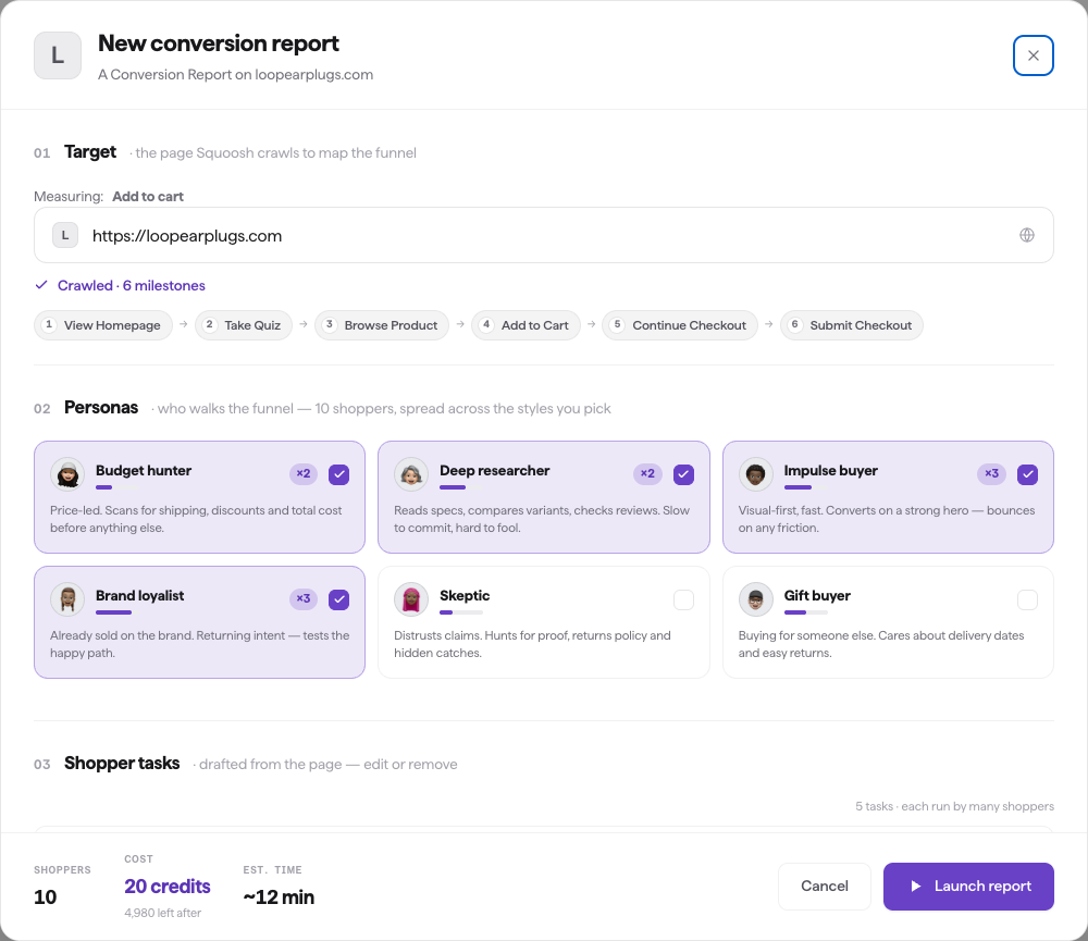 The Conversion Report builder: a crawled funnel of milestones, the archetype-style cards you toggle on or off, and a footer showing the shopper count, credit cost and estimated time
