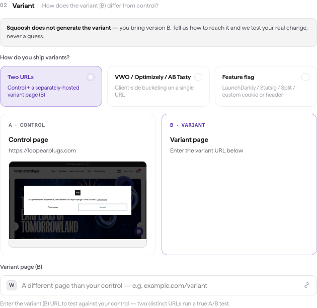 The A/B wizard's Variant step — "How do you ship variants?" with the three modes (Two URLs selected, VWO / Optimizely / AB Tasty / Convert, and Feature flag) above the Control (A) and Variant (B) cards